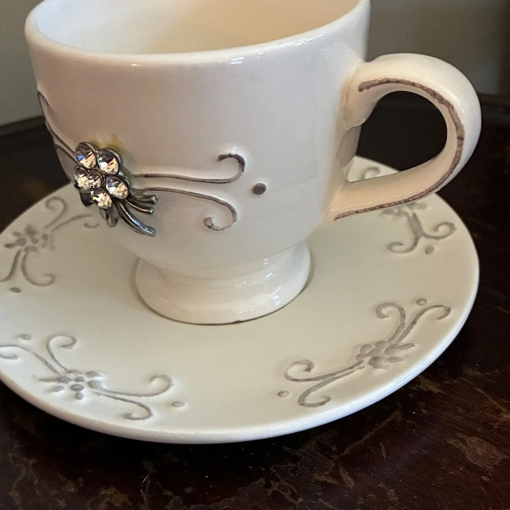 Romantic Cottage Rhinestone Floral‎ Teacup & Saucer Princess Tea Party Decor